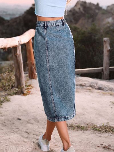 Button Front Longline Denim Skirt