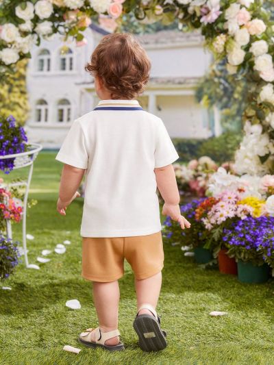 2pcs/Set Baby Boys' Striped Short Sleeve White Polo Shirt And Shorts Gentleman Casual Outfit For Spring/Summer