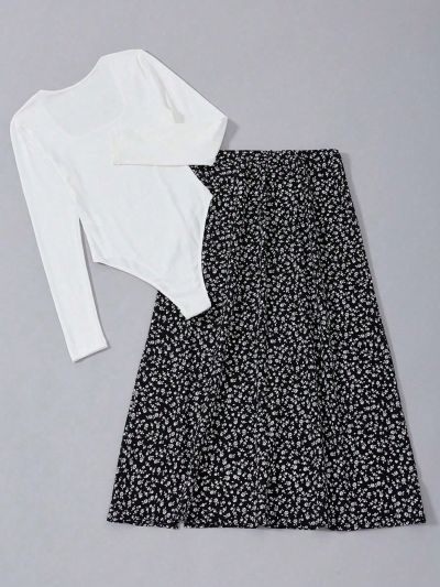 SHEIN Frenchy Plus Solid Bodysuit & Ditsy Floral Split Thigh Skirt