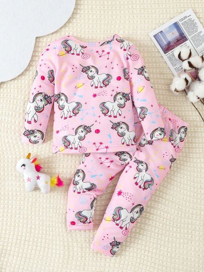 Baby Girls' Pink Unicorn Printed Long Sleeve T-Shirt And Pants Set, Tight-Fitting Pajamas