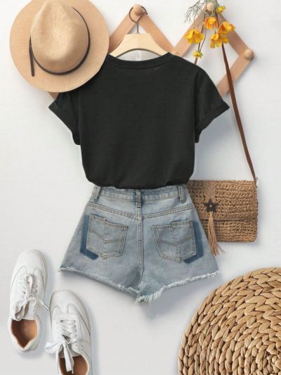 Teen Girls' Casual Heart Pattern Short Sleeve T-Shirt, Suitable For Summer