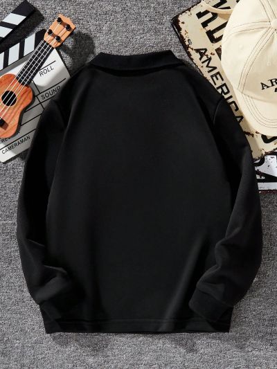 SHEIN Boys' Velvet Spliced Polo Shirt With Letter Embroidery, For Big Kids