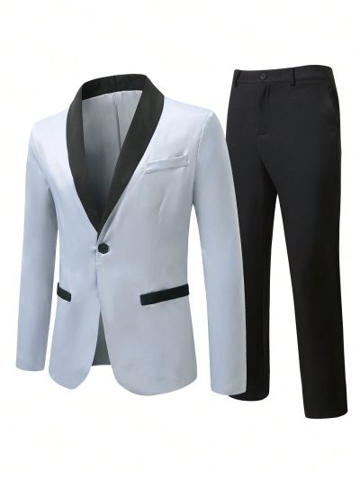 Men's Color Block Suit With Mandarin Collar And Trousers