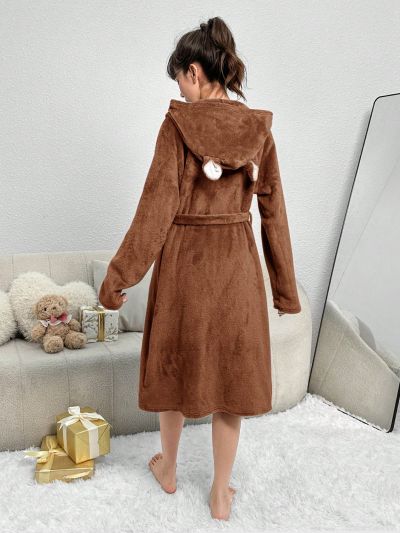 Teen Boys' Knitted Double-Sided Plush Rabbit Ear Hooded Robe