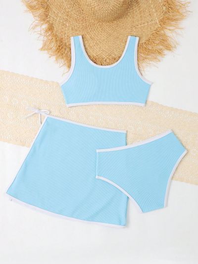 Three-Piece Swimwear Set For Tween Girls With Color Block Detailing And Knot Front Design