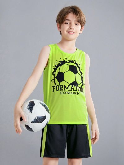 SHEIN Boys' Football Pattern Sporty Vest, T-Shirt, And Shorts 3pcs/Set