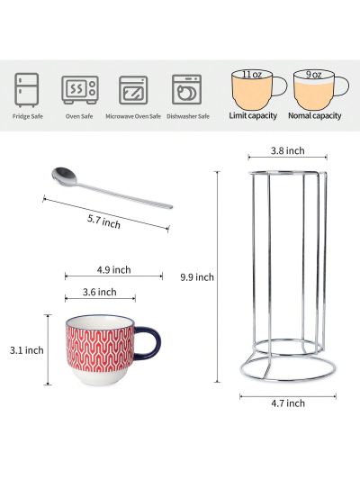 Selamica Ceramic Coffee Mug Set with Stand and Spoons, 11 OZ Stackable Espresso Cups Set of 4, Perfect for Latte Mocha Tea, Gift, Assorted Colors