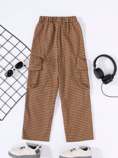 SHEIN Boys' Leisure Plaid Cargo Pants With Big Pockets
