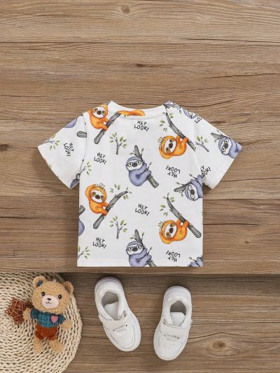 SHEIN Baby Boy Casual Cartoon Animal Pattern Round Neck Top