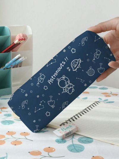 1pc Cartoon Astronaut Pattern Pencil Bag, Portable Stationery Bag For Middle High College School & Office