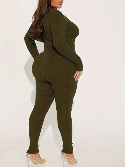 Plus Size Solid Color Front Zipper Jumpsuit