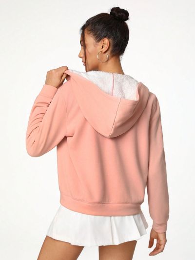 Vitoria Brayner Letter Printed Hooded Jacket With Kangaroo Pocket And Warm Lining