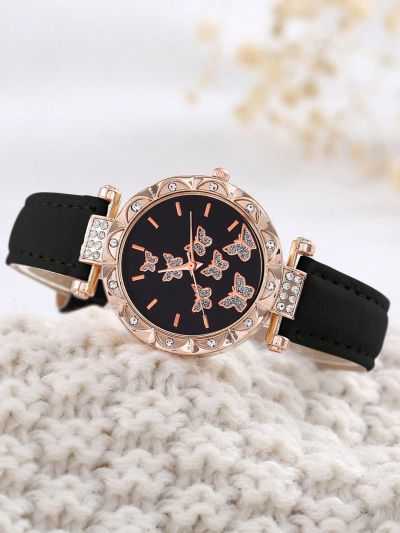 Butterfly Cartoon Printed Leather Girls' Watch And Bracelet Gift Set, 2pcs