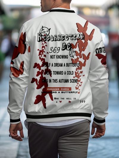 Extended Sizes Men Plus Slogan & Cartoon Graphic Striped Trim Bomber Jacket