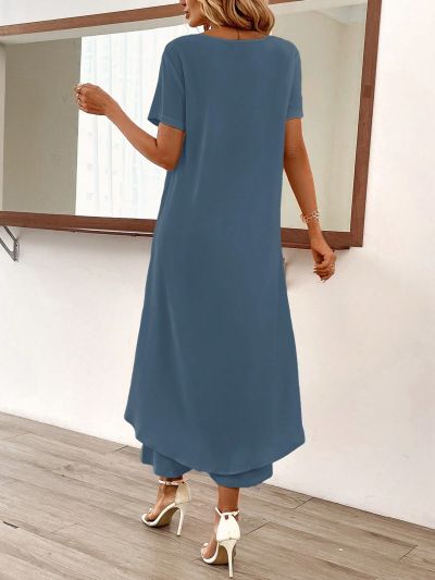 SHEIN Clasi Women's Stylish Solid Color Short Sleeve Cardigan And Long Pants Two Piece Set