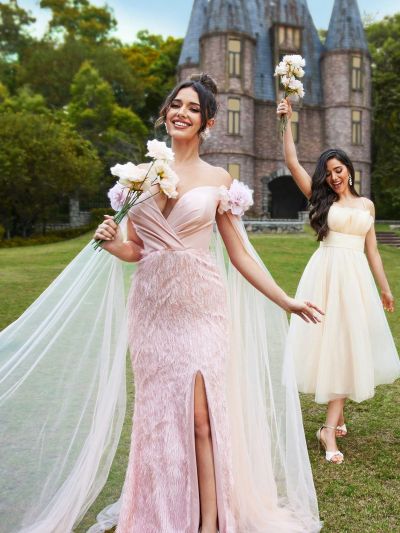 SHEIN Belle Off-Shoulder Sleeves, Chest Cross, Back Strap, 3d Floral Embellishment, Satin Embellished Tulle Fabric, Slit Hem, Small Train, Evening Gown