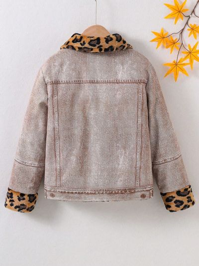 Girls' Casual Shirt Collar Denim&leopard Print Jacket With Added Fleece Lining, Medium Thickness