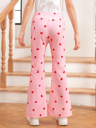 SHEIN Girls' Knitted Solid Color Bell Bottom Pants With Heart Pattern