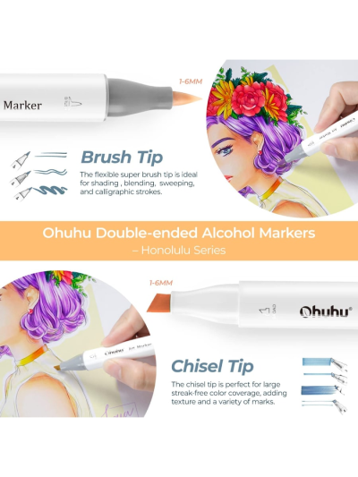 Ohuhu Alcohol-based Brush Markers 168-color Art Marker Set Double Tipped Alcohol-based Markers for Artist Adults Coloring Illustration- Brush & Chisel -w/ 1 Marker Blender- Honolulu