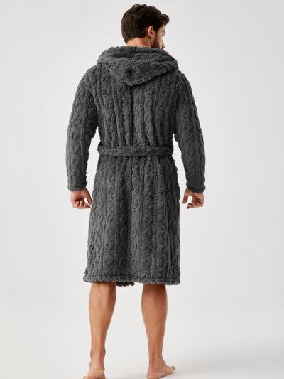 Men Pocket Patched Hooded Belted Lounge Robe