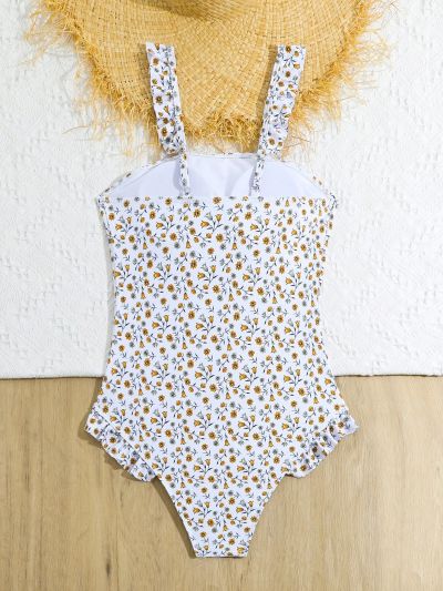 Teen Girl Floral Print One-Piece Swimsuit With Wide Shoulder Straps