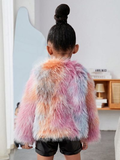 SHEIN Kids Cooltwn Young Girl 1pc Color Block Open Front Fuzzy Coat