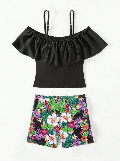 Tween Girls' Ruffle Trim Tropical Printed Tankini Swimwear Set