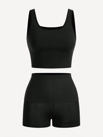 SHEIN SHAPE Women's Solid Color Crop Top And Shapewear Shorts Set