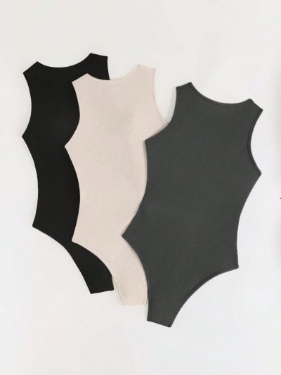 SHEIN Essnce 3pcs/Set Plus Size Solid Color Sleeveless Bodysuit