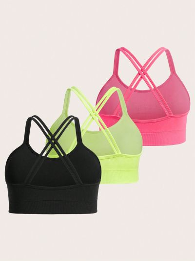 Plus 3pcs Ruched Crisscross Back Sports Bra