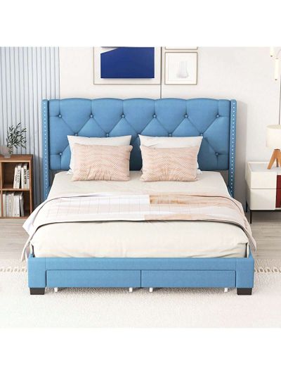 Upholstered Queen Size Storage Bed Linen Upholstered Platform Bed with Two Drawers