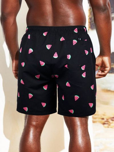 Men'S Plus Size Watermelon Printed Drawstring Waist Beach Shorts With Slanted Pockets
