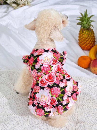 PETSIN 1pc Pet Bubble-Sleeve Dress With Romantic Cute Pink Flower Prints For Valentine's Day