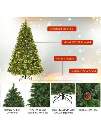 Gymax 7.5' Artificial Pre-Lit Christmas Tree Hinged LED Lights Pine Cones Metal Stand
