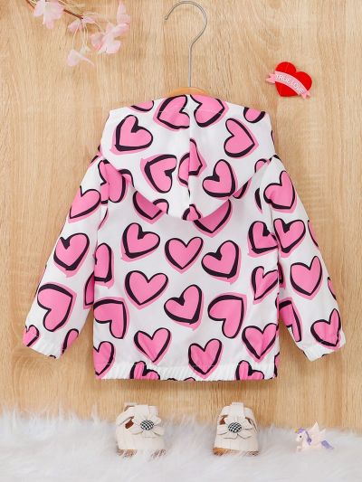 SHEIN Baby Girl Basic, Casual, Sporty, Stylish, Cute, Fun & Heart Pattern Printed Hooded Jacket With Long Sleeves For Spring & Summer, Suitable For Valentine's Day