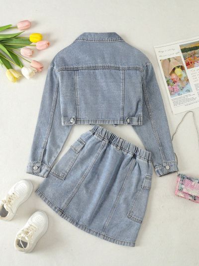 Girls' Softened Water Washed Simple Denim Skirt Suit With Workwear Style
