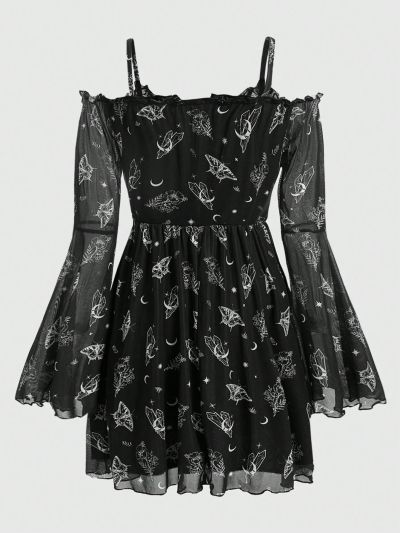 ROMWE Fairycore Women's Off-Shoulder Butterfly Printed Mesh Ruffle Sleeves Dress