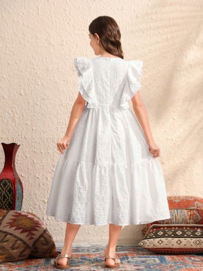 SHEIN Kids SUNSHNE Tween Girls' Solid Woven Loose Fit Casual Holiday Dress With Ruffled Hem And Round Neckline