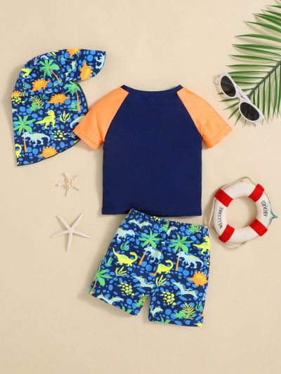 SHEIN Baby Boy Baby Girl Cartoon Dinosaur & Plant Pattern Round Neck Short Sleeve Top + Shorts + Sunhat + Swimwear 4pcs Set