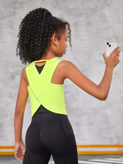 SHEIN Tween Girl Knitted Color Block Circular Neckline Crossed Back Sports Vest