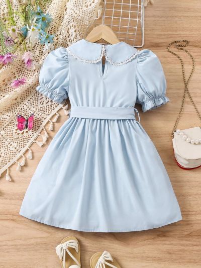 SHEIN Kids SUNSHNE 1pc Young Girl's Floral Embroidery Belted Short Sleeve Dress For Vacation, Summer