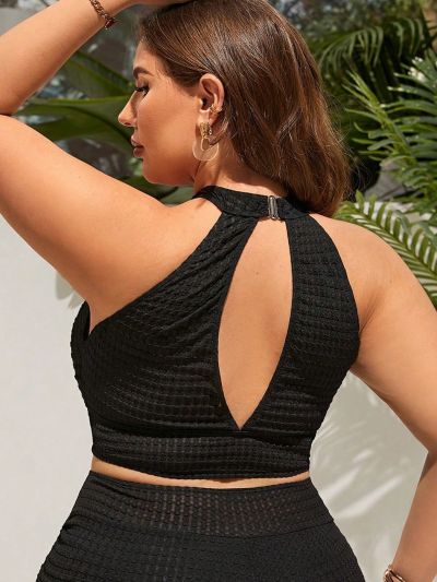 SHEIN Swim Basics Plus Size Hollow Out Detail Halter Swim Top