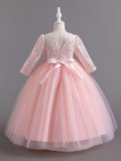 Girls' Mesh Hem Lace Patchwork Long Sleeve Formal Dress For Kids