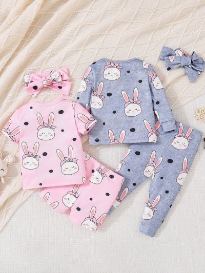 SHEIN Baby Girls' Cute Rabbit Print Bodysuit Set X 2 With 2 Hair Bands, Homewear Combination Outfits