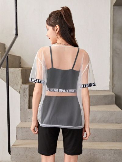 Teen Girls' 3pcs/Set Mesh Letter Patchwork T-Shirt, Vest And Shorts