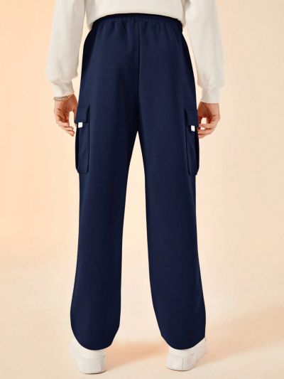 SHEIN Teenage Boys' Casual Loose Fit Side Striped Weave Belt Decoration Pockets Straight Pants