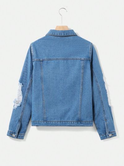 SHEIN Teen Boy's Casual Loose Fit Irregular Ripped Jeans Jacket