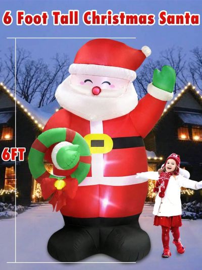 6FT Christmas Inflatable Santa Outdoor Yard Decorations, Blow up Santa Claus with Wreath Built-in LED Lights Outside Waterproof Xmas Decor for Garden Lawn Porch Holiday Party