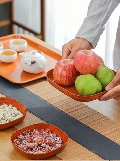 2pcs/set Brown Serving Plates, Simple & High-end Wood Grain Designed Tray For Home, Restaurant & Snack Food Serving