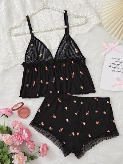 Floral Printed Frilled Cami Top With Shorts Pajama Set